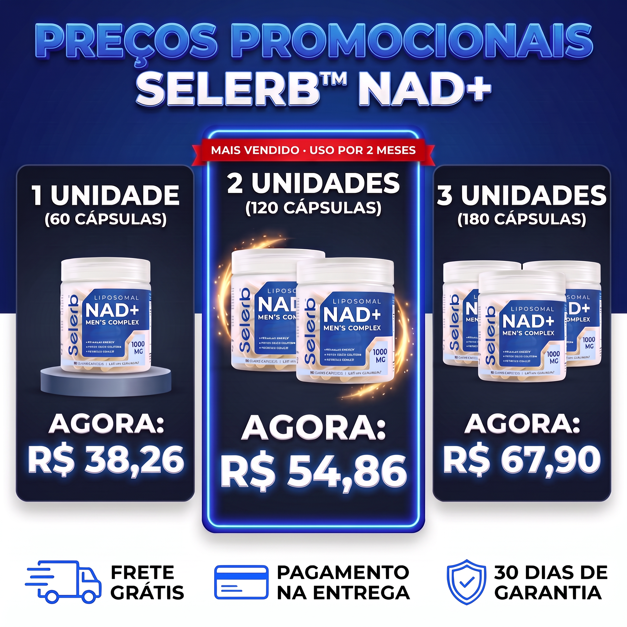 Kits Selerb: 1 unidade por R$ 38,26, 2 por R$ 54,86 e 3 por R$ 67,90